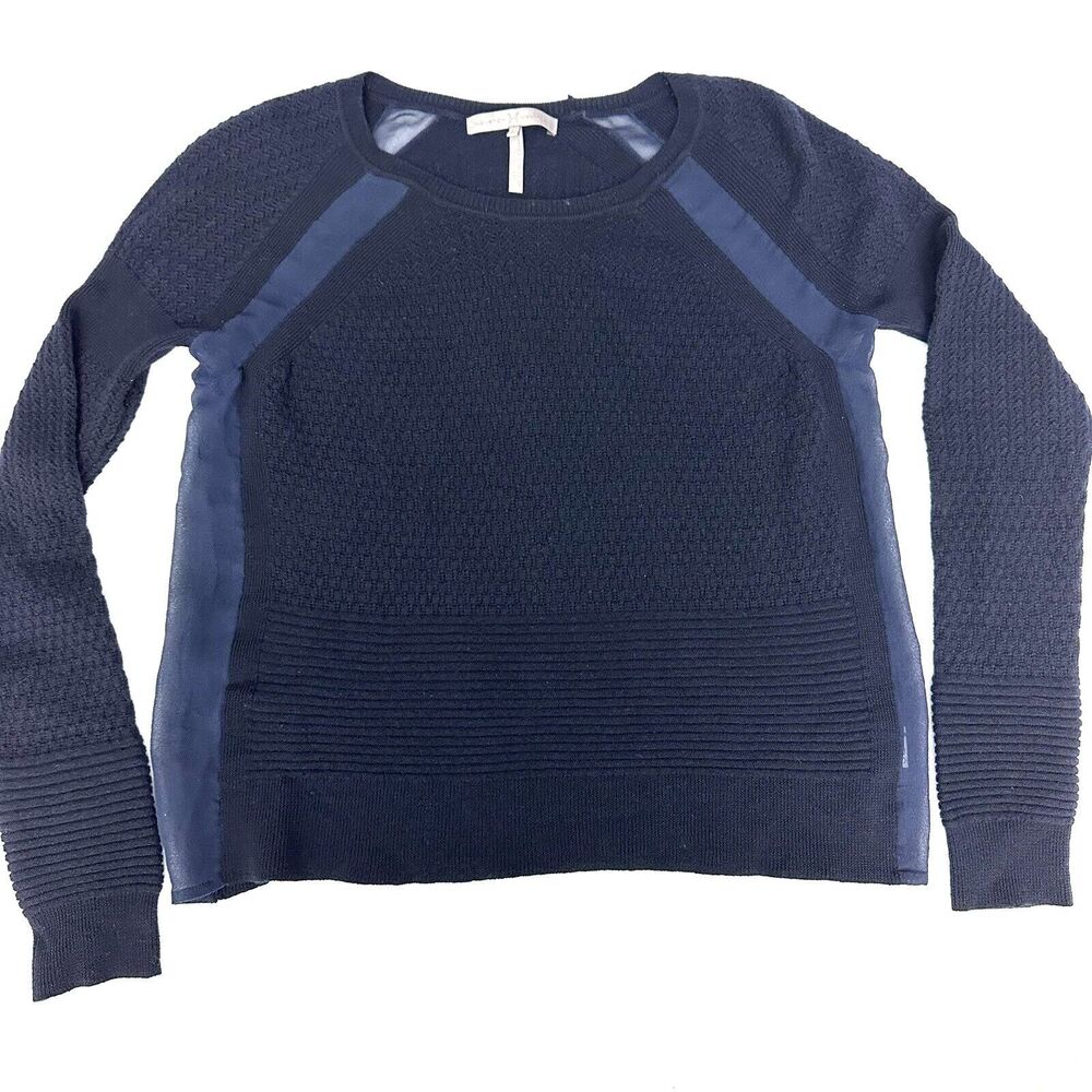 Halston Heritage Pullover Sweater 100% Wool Sz Medium Navy Sheer Inset Crew Neck